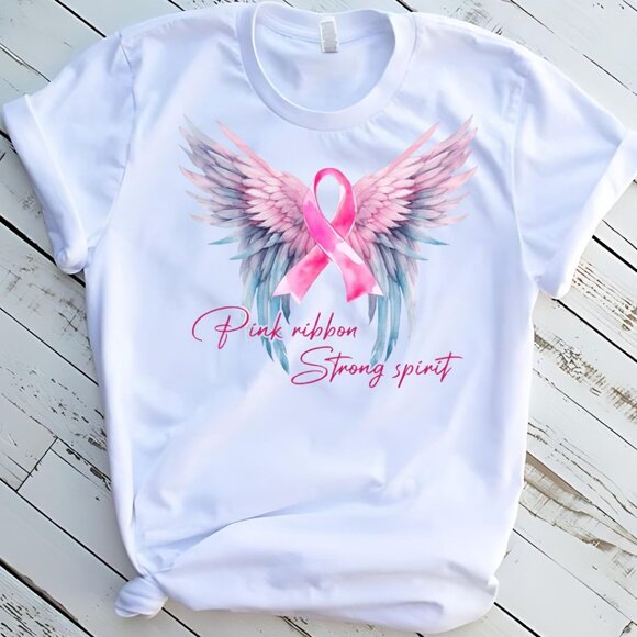 Pink Ribbon Strong Spirit Breast Cancer Tee Graphic Short Sleeve T-Shirt - Picture 1 of 2